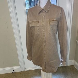 Theodore Womens Button Front Collared Long Sleeve Shirt Brown Cotton Size Large